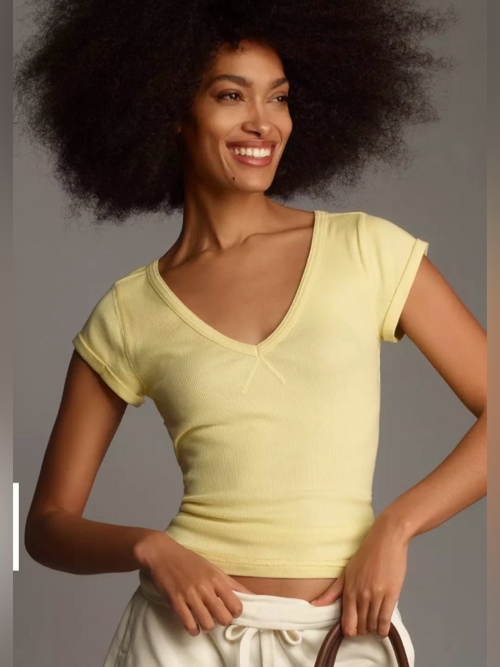 Anthropologie Pilcro Women's V-Neck Short Sleeve Ribbed Top - Pale Yellow M NWOT